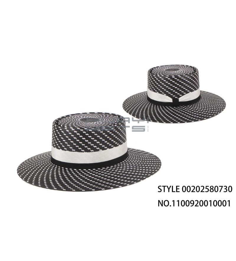 时尚黑白斜纹草编平顶硬草帽
